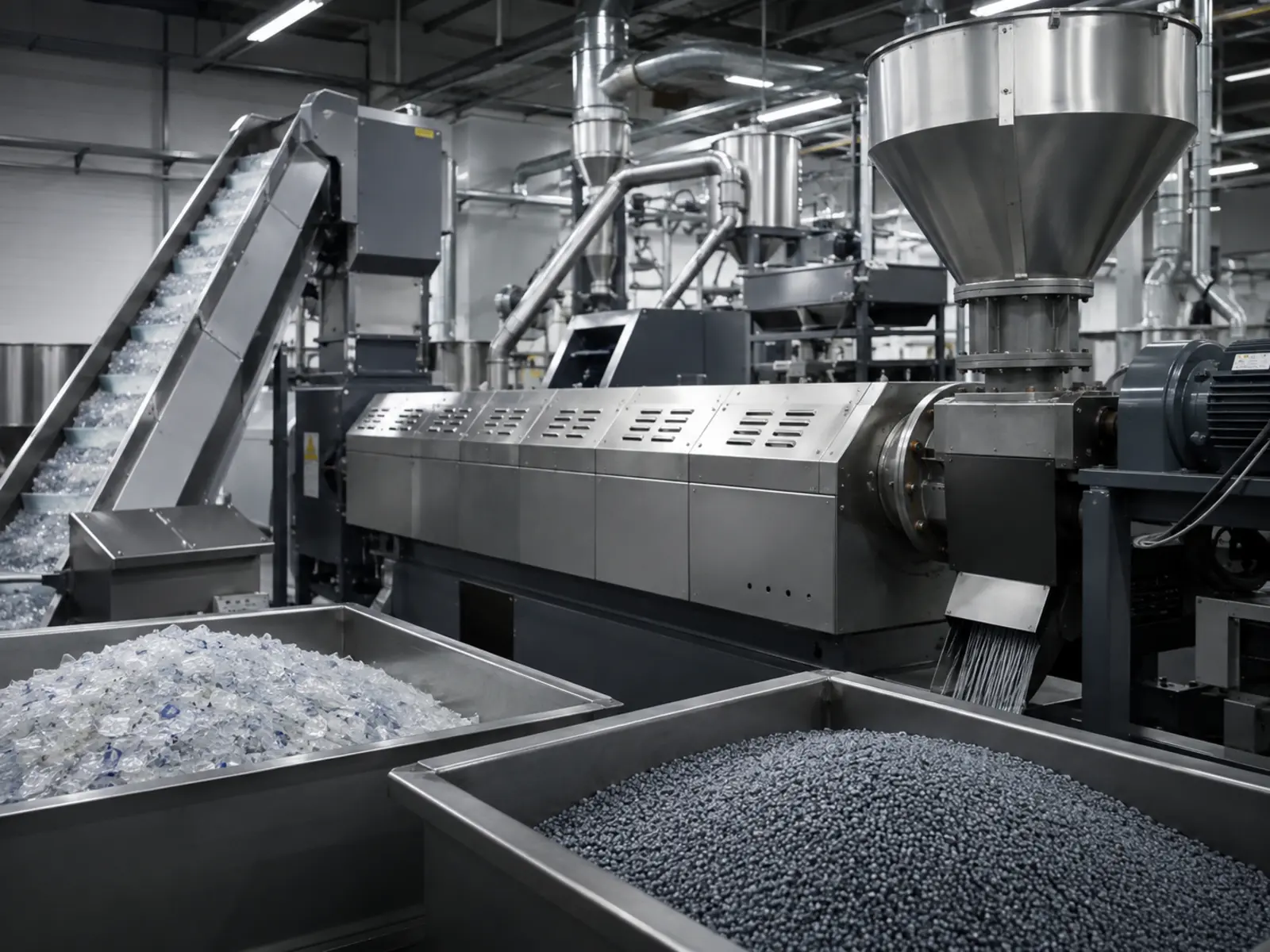 Representative recycled-plastics processing and pelletizing equipment
